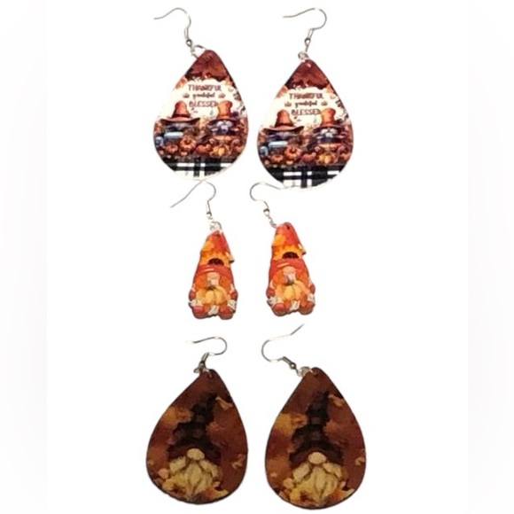 Set Of Three Wooden Gnome Fall Earrings - Picture 1 of 10